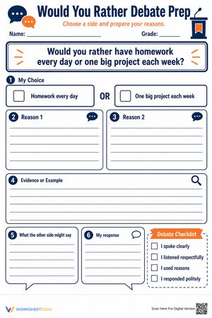 Grade 6 Debate Prep — Printable No-Prep Worksheet