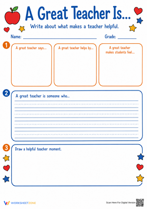 A Great Teacher Is... Printable Writing Worksheet | Grade 3