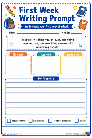 Grade 3 First Week Writing Prompt — Printable Worksheet