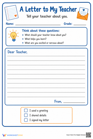 Essential Letter to My Teacher Worksheet | Grades 3-6