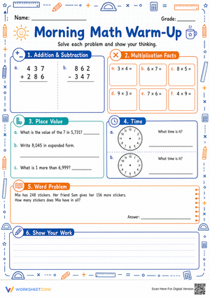 Grade 3 Morning Math Warm-Up — Printable No-Prep Worksheet