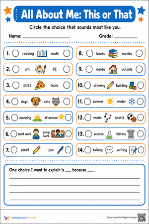 All About Me This or That | Essential Grade 2-6 Worksheet