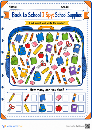 Printable Back to School I Spy Counting Worksheet | K-2
