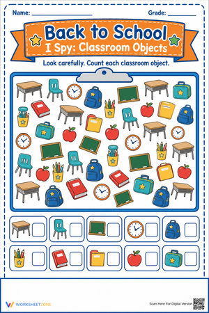 Back to School I Spy Worksheet | Grade K Math Ready
