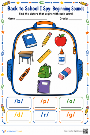 Back to School Beginning Sounds Printable Worksheet