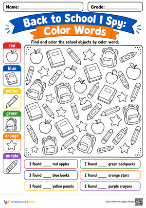 Printable Back to School I Spy: Color Words Worksheet