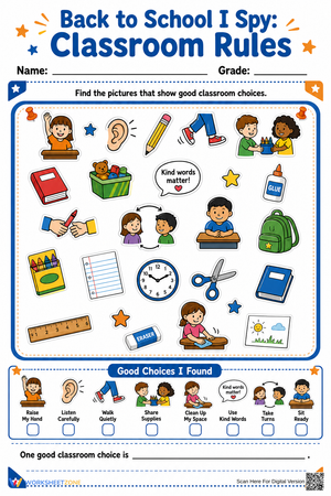 Classroom Rules I Spy Worksheet | Grade 1 Essential