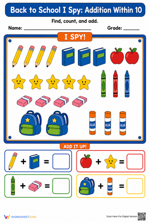 Back to School I Spy: Addition Within 10 Printable