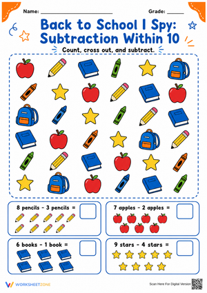 Back to School Subtraction Within 10 | Printable Grade 1