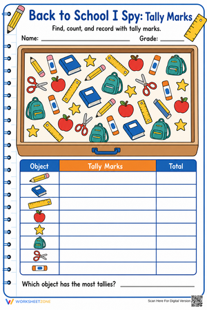 Printable Back to School I Spy: Tally Marks Worksheet