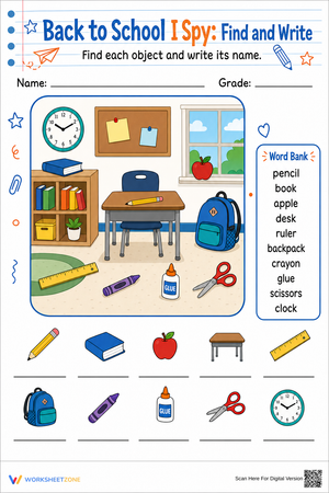 Back to School I Spy Worksheet | Essential Grade 1-3
