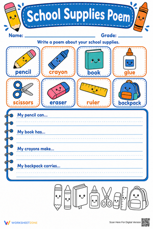 School Supplies Poem | Grade 1-3 Printable Worksheet