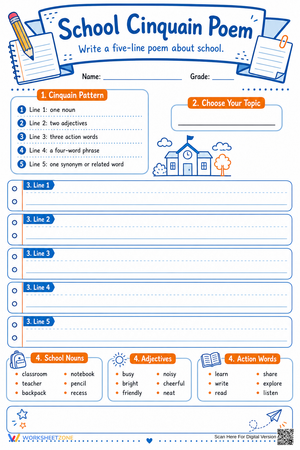 School Cinquain Poem Worksheet | Grade 4 Printable