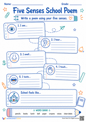 Five Senses School Poem Worksheet | Grade 3 Essential