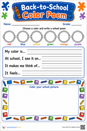 Grade 1 Back-to-School Color Poem — Printable Worksheet