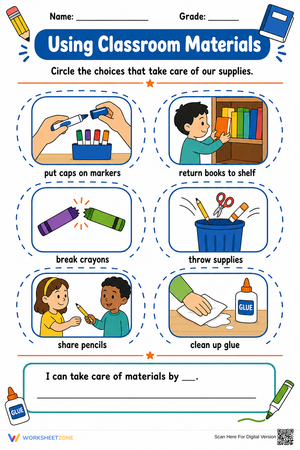 Essential Classroom Materials Worksheet | Grades K-3