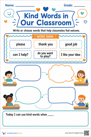 Kind Words Classroom Worksheet | Grade 1 Essential