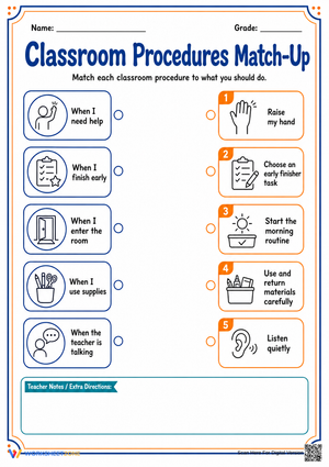 Classroom Procedures Match-Up | Essential Grade 1-4 Sheet