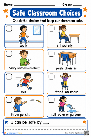 Essential Safe Classroom Choices Worksheet | Grade 1