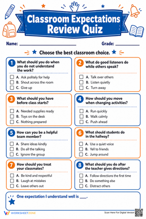 Classroom Expectations Quiz | Grade 3 Printable
