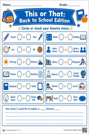 Essential Back to School This or That Worksheet | Grades 2-7