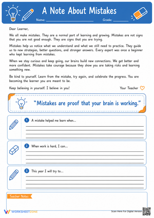 "A Note About Mistakes" Growth Mindset Worksheet | Essential