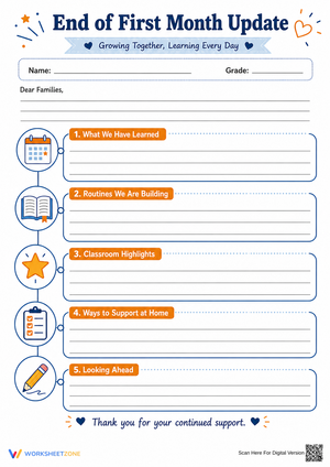 Grade 1 First Month Update — Printable No-Prep Worksheet