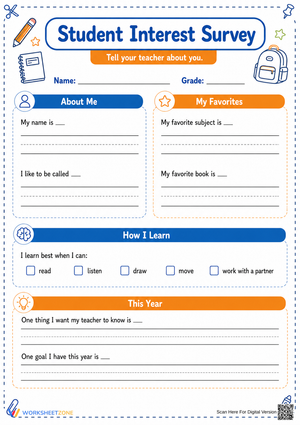 Student Interest Survey | Grade 2-5 Printable Worksheet