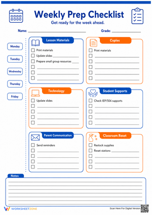 Weekly Prep Checklist | Printable Teacher Organization