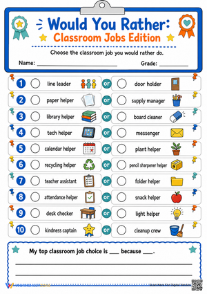 Classroom Jobs Would You Rather | Essential Grade 3-5