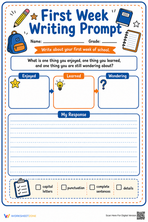 First Week Writing Prompt | Grade 3 Printable Worksheet
