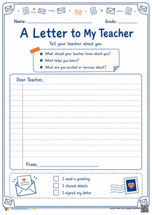"A Letter to My Teacher" Worksheet | Grade 4 Essential