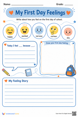 My First Day Feelings Worksheet | Grade 1-4 Essential