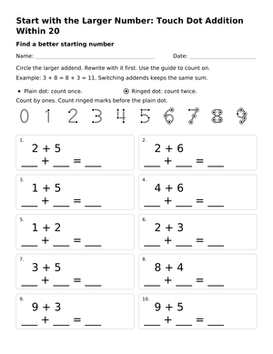 Printable Touch Dot Addition Within 20 | Grade 1 Math