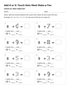 Add 8 or 9 Make a Ten Worksheet | Grade 1 Printable