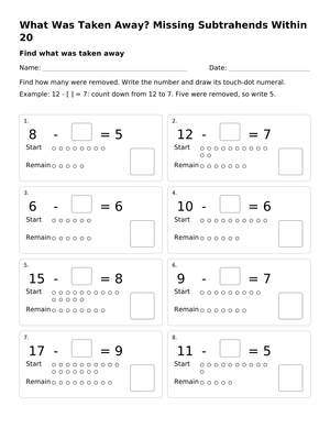 Missing Subtrahends Within 20 Worksheet | Grade 1 Printable