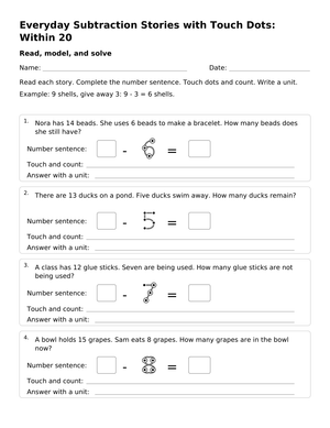 Subtraction Within 20 Word Problems | Grade 1 Printable