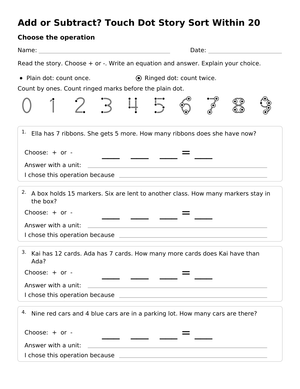 Add or Subtract Within 20 | Grade 1 Math Printable