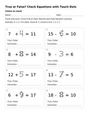 True or False Equations Worksheet | Grade 1 Printable