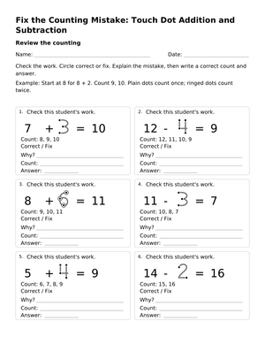 Touch Dot Math Error Analysis | Grade 1 Printable