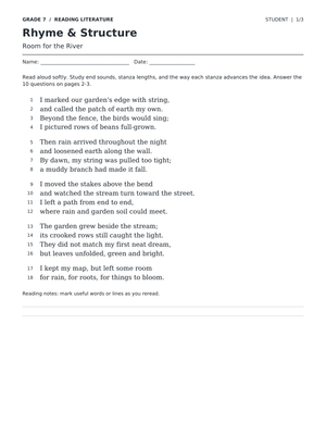 Poetic Rhyme and Structure Worksheet | Grade 7 Essential