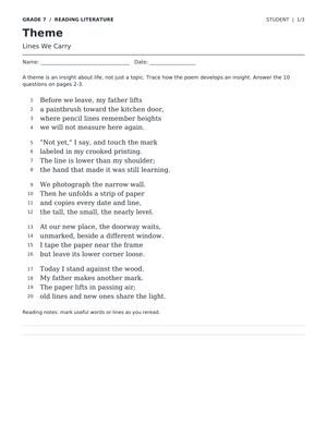 Theme in Poetry Worksheet | Grade 7 Reading Essential