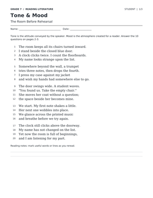 Tone and Mood Poetry Worksheet | Essential Grade 7 ELA