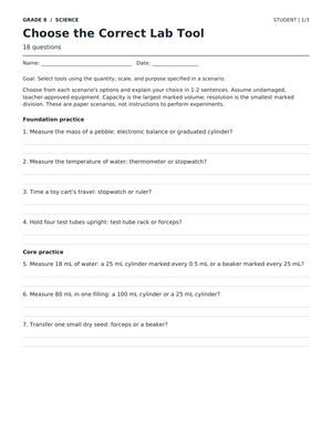 Science Lab Tools Worksheet | Grade 8 Essential
