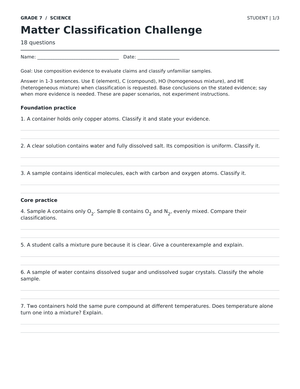 Matter Classification Worksheet | Grade 7 Essential