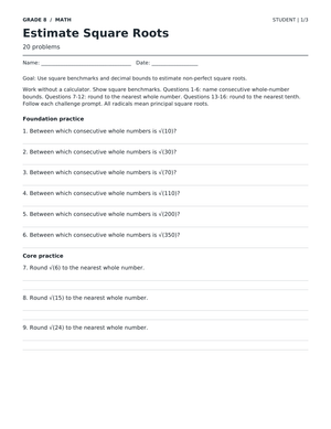 Estimate Square Roots Worksheet | Grade 8 Math Essential