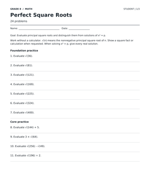 Perfect Square Roots Worksheet | Grade 8 Complete