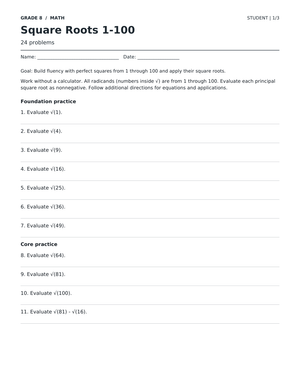 Square Roots 1-100 Worksheet | Grade 8 Math Printable