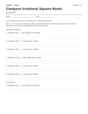 Compare Irrational Square Roots | Grade 8 Printable