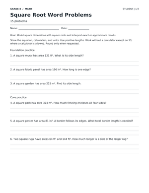 Square Root Word Problems | Grade 8 Math Printable